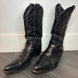 Justin Cowboy Boots Size 11.5D Black Genuine Lizard Leather Western Made in USA